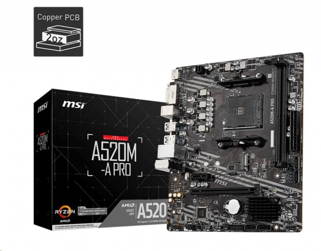 MSI MB Sc AM4 A520M-A PRO, AMD A520, VGA, 2xDDR4, m-ATX