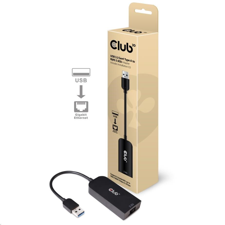 Club3D Adaptér USB 3.2 Gen 1 Typ A na RJ45 2.5Gb, 24cm