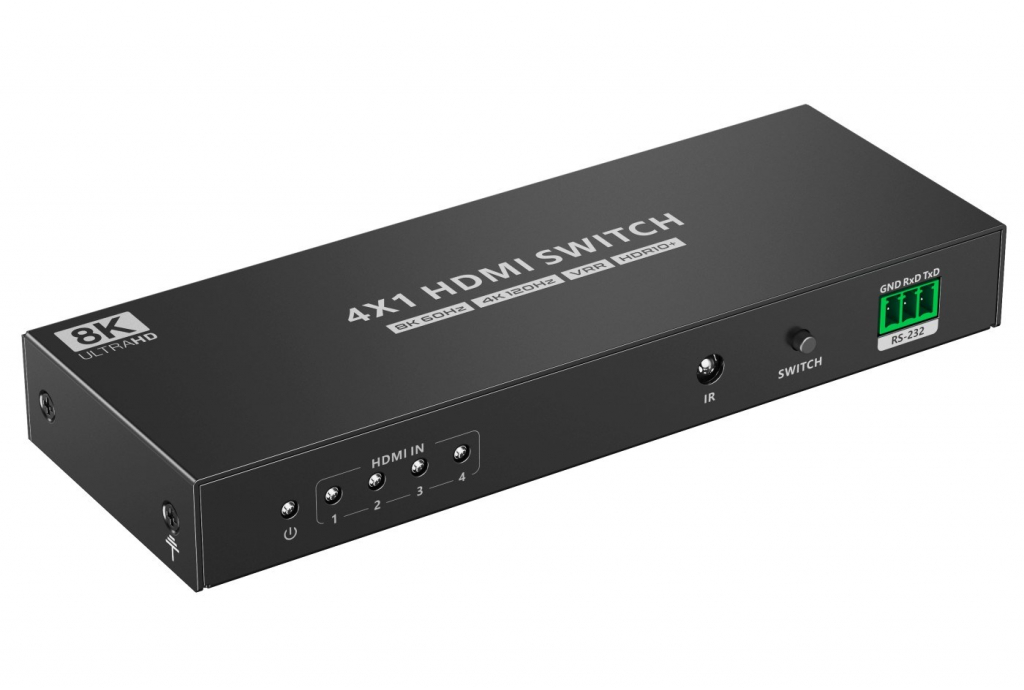 PremiumCord HDMI switch 4:1 s podporou rozlišení 8K@60Hz,4K@120Hz, 1080P, HDR, s dálkovým ovladačem