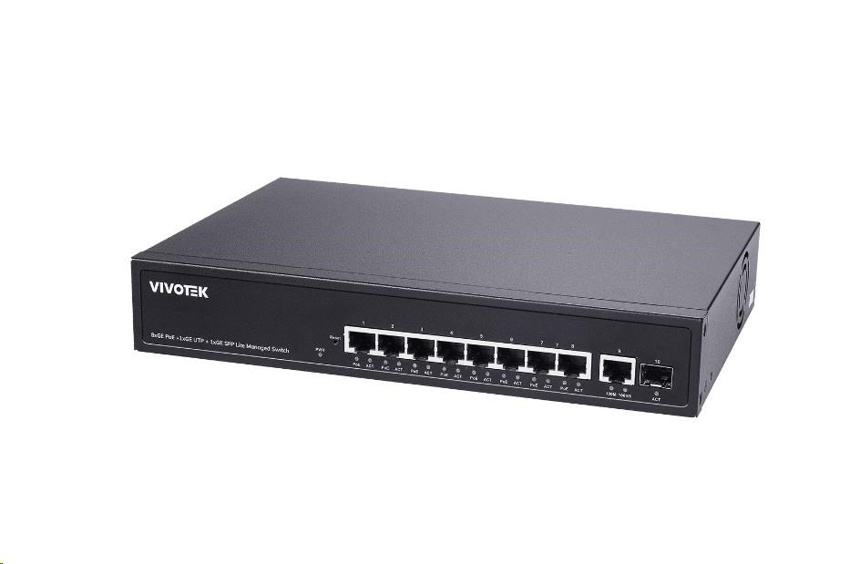 Vivotek PoE switch AW-GEL-105A-110, 8xGE PoE(802.3af/at/bt, PoE budget 110W), 1xGbE RJ-45, 1xSFP 100M/1G slot