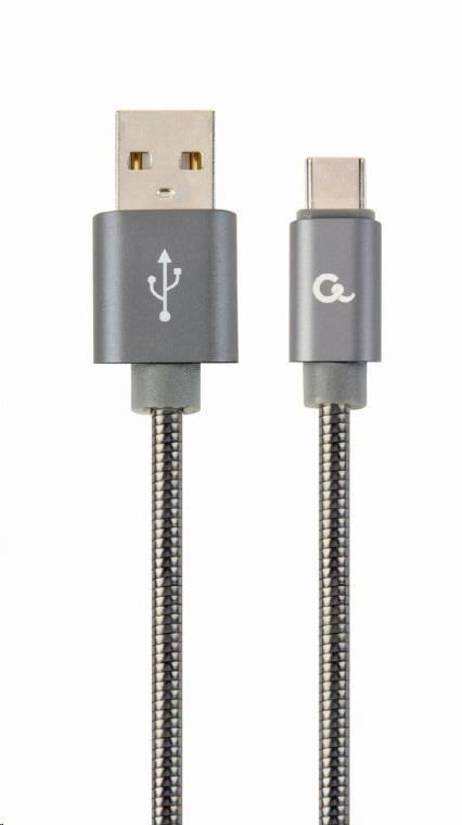 GEMBIRD Kabel USB 2.0 AM na Type-C kabel (AM/CM), 1m, metalická spirála, šedý, blister, PREMIUM QUALITY