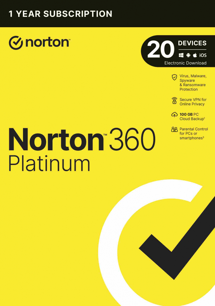 NORTON 360 PLATINUM 100GB +VPN 1 uživatel pro 20 zařízení na 1 rok ESD