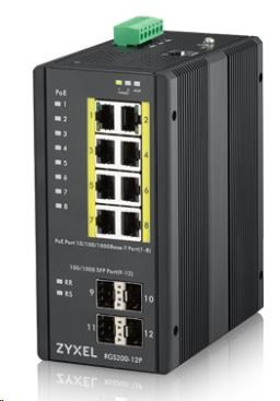 Zyxel RGS200-12P 12-port Gigabit WebManaged PoE switch, 8x GbE + 4x SFP, PoE budget 240W, DIN rail/Wall mount, IP30