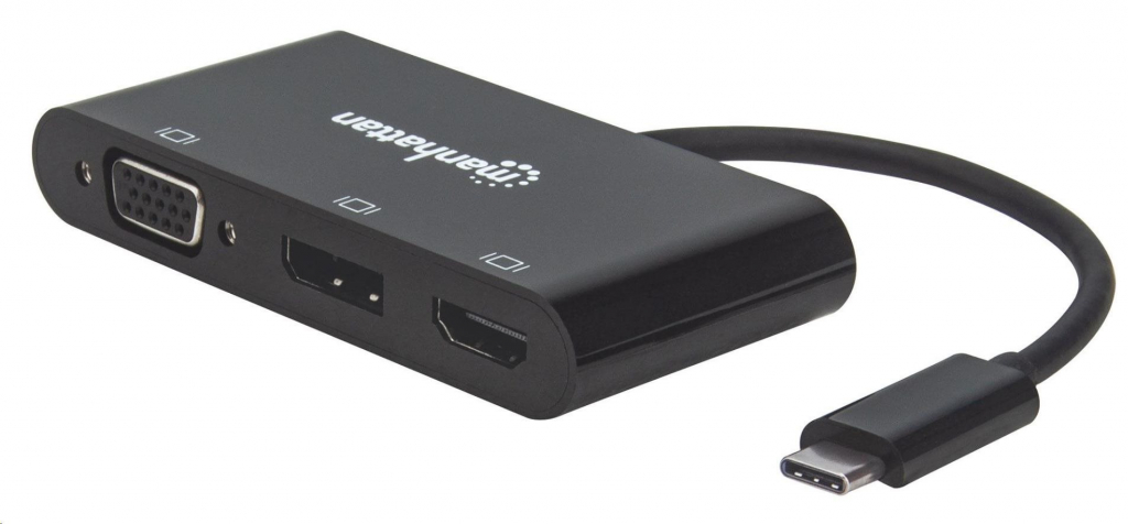 MANHATTAN Rozdělovač, MST Hub, USB-C na DisplayPort/ HDMI/ VGA Adaptér, černý