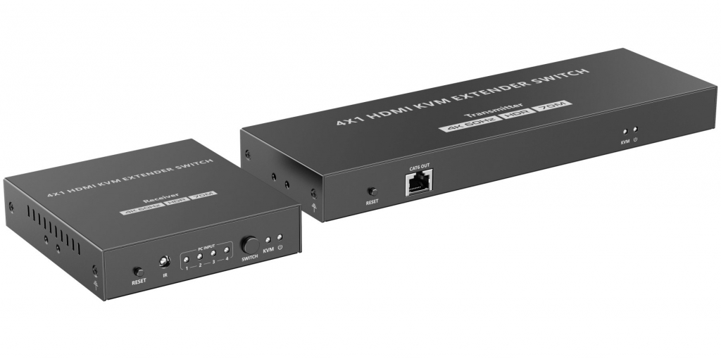 PREMIUMCORD HDMI switch, 4K@60Hz HDMI2.0 KVM 4:1 s ovládáním až na 70m přes Cat6/7