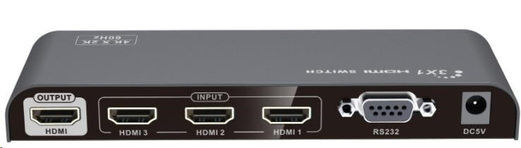 PREMIUMCORD HDMI switch 4Kx2K@60Hz 3:1 kovový s dálkovým ovladačem a napájecím adaptérem