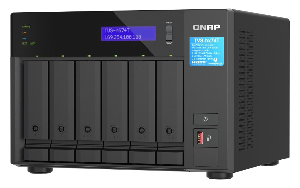 QNAP TVS-h674T-i5-32G(6C/IntelCorei512400/4,4GHz/32GBRAM/6x3,5"SATA/2x2,5GBe/2xThunder/3xUSB3.2/1xHDMI/2xM.2/2xPCIe)