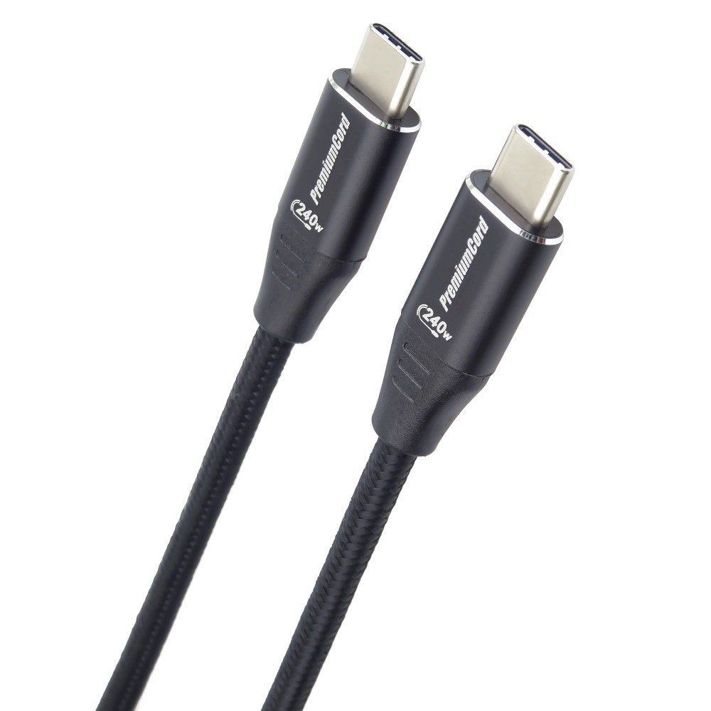 PREMIUMCORD Kabel USB-C M/M, 240W 480Mbps černý bavlněný oplet, 1m