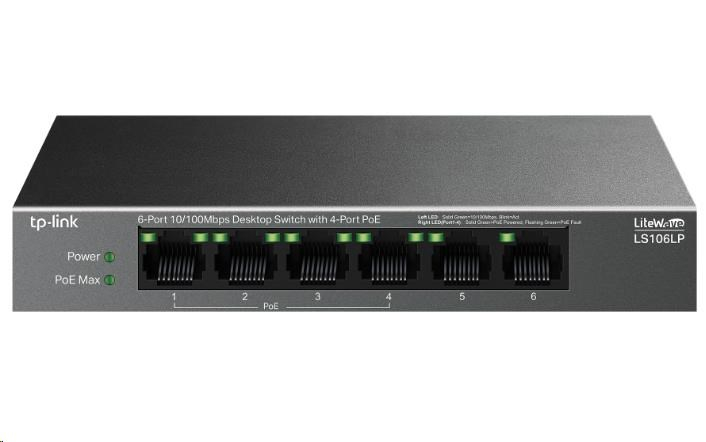 TP-Link LiteWave switch LS106LP (6x100Mb/s, 4xPoE, 41W, fanless)